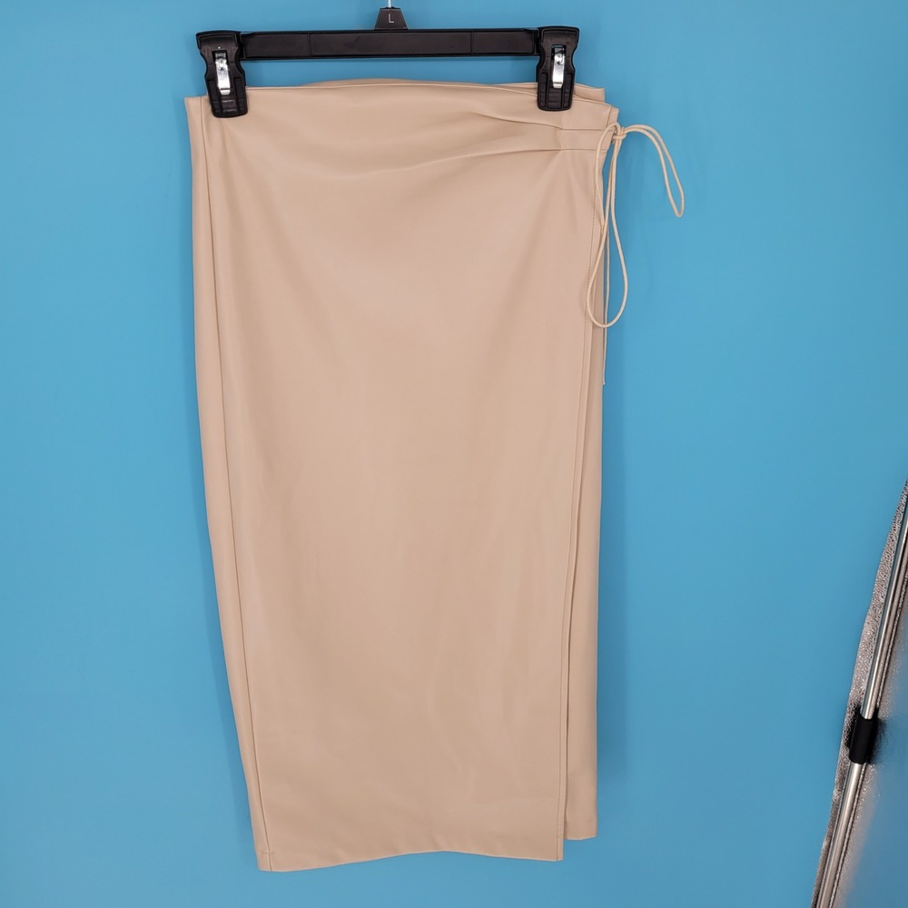 Kendall Lane Faux Leather Wrap Skirt Women XS Beige Midi High Waist Tie neutral